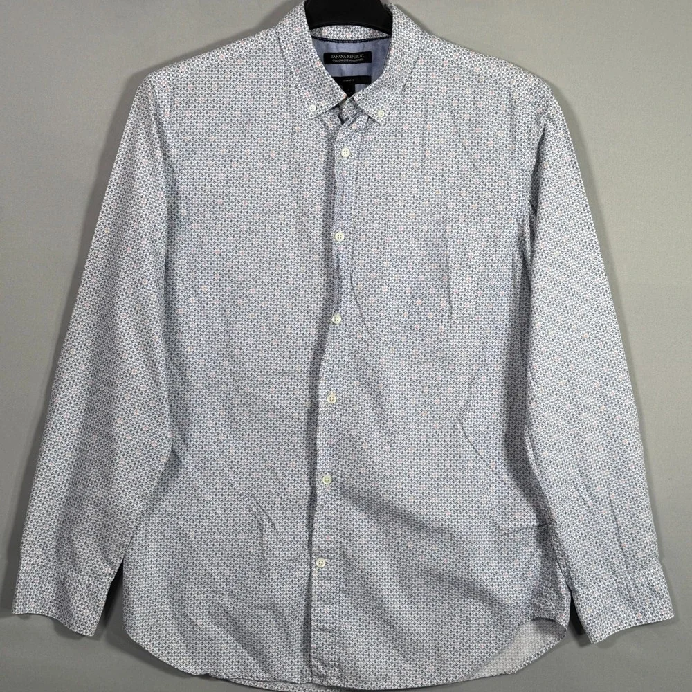 Banana Republic Button Up Shirt Men's Large Slim Fit Blue Geometric Cotton